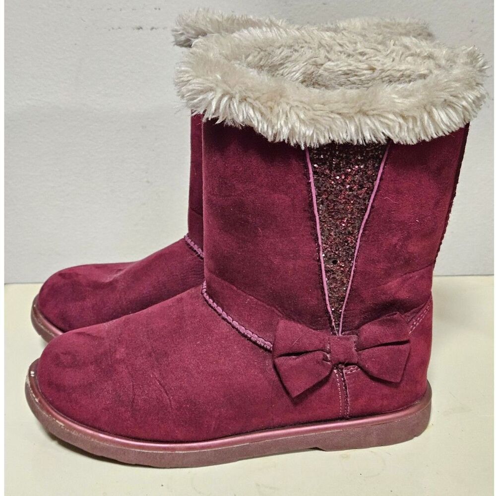 SO Sophia Burgundy Faux Fur Girls Winter Boots Side Bow Toddler Kid Size 2